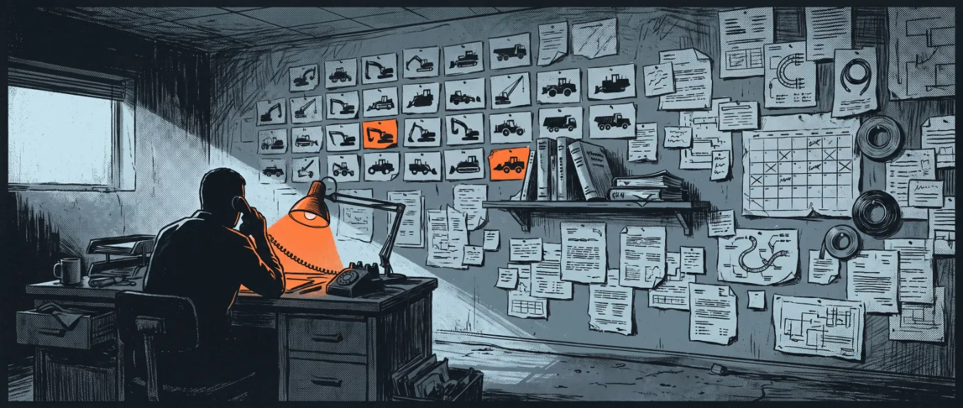 A dealership back office. One man at a desk with a phone to his ear, and behind him a wall packed edge to edge with machine profiles, manuals, torn spec sheets and pinned notes.
