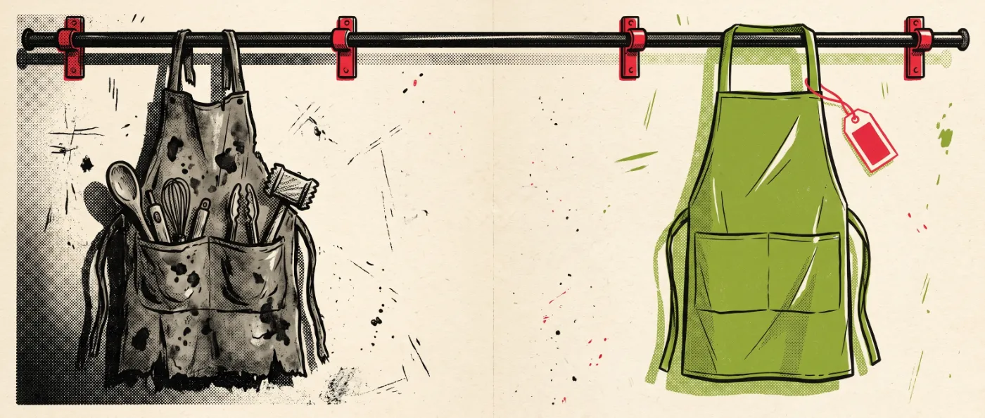 Two aprons on one rail. On the left a worn canvas apron, pockets stuffed with tools and the fabric stained. On the right a pristine apron hanging stiff with its paper price tag still on the strap.