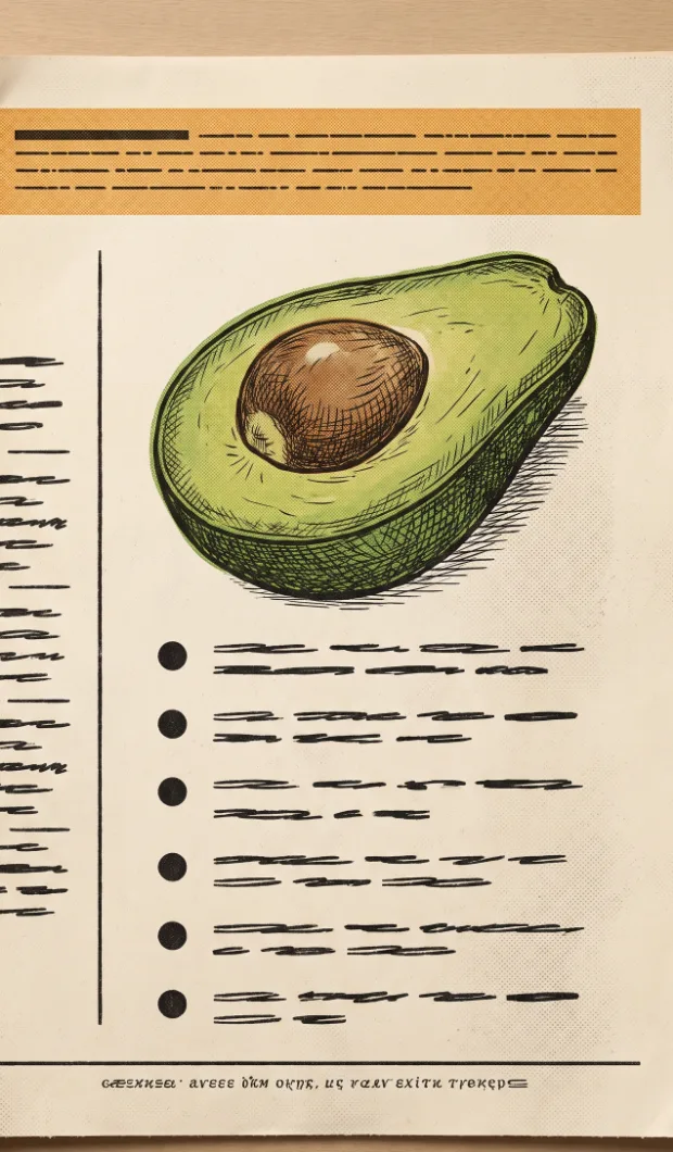 A warm editorial page board: a hand-drawn cutaway avocado above a numbered method list, with an ingredients column down the left edge.