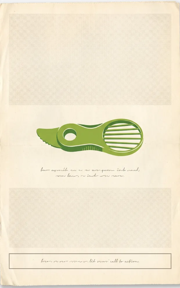 A restrained page board: mostly empty cream paper with one small green slicer centred above a thin outlined button.