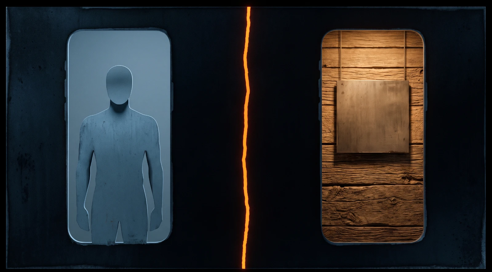 One dark steel sheet split down the middle by a glowing torch cut. In the left half, a phone-shaped ad frame holds a faceless, featureless standing figure in cold blue-grey. In the right half, the same ad frame holds a plain steel wall piece hanging on weathered barn boards in warm lamplight.
