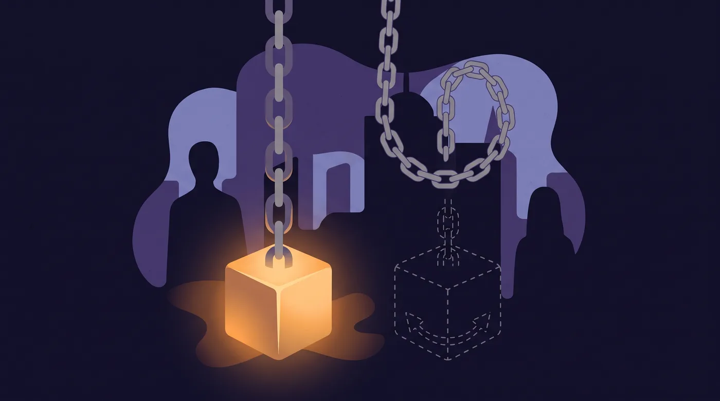 Two chains hang side by side. The left one descends link by link into a large block of glowing bedrock. The grey one on the right curls around and links back into itself, with an empty dashed outline where an anchor should be.