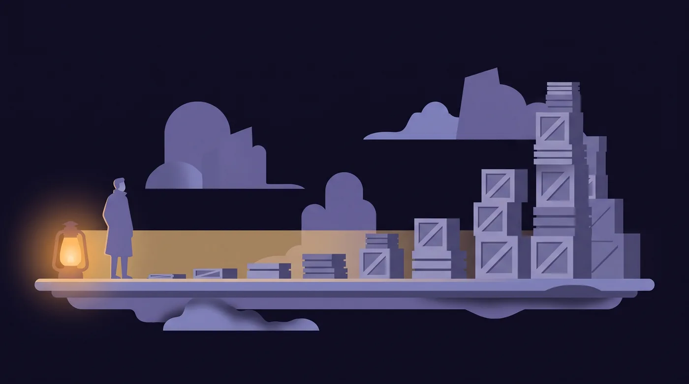 A shelf runs left to right like a timeline. At the left end, a lit amber lantern casts a level band of light along its whole length. Stacks of grey crates rise along the shelf from nothing to a tall pile that climbs above the band of light.