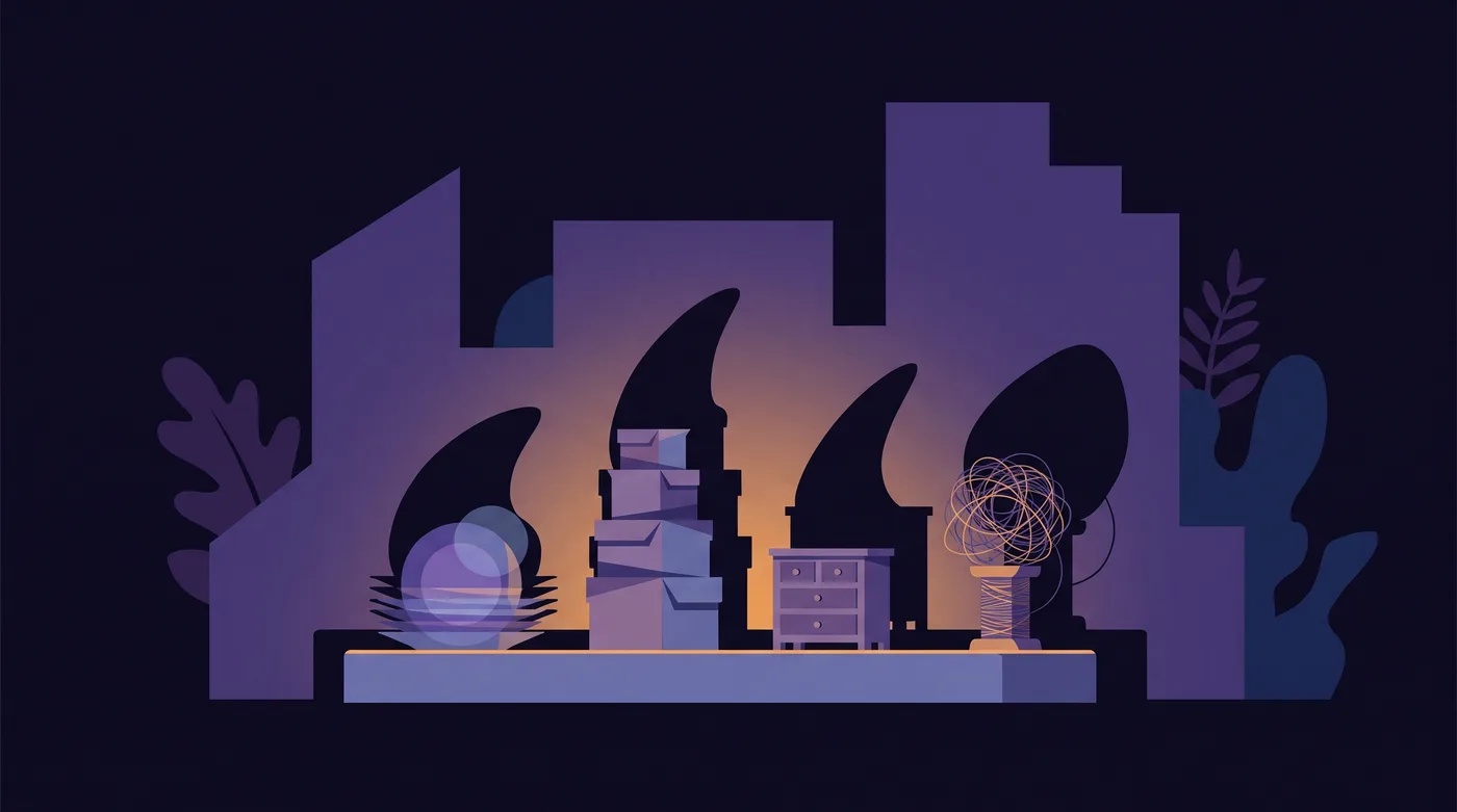 Four different objects on a plinth: a stack of layered plates, a bundle of nested boxes, a chest of small drawers and a spool of tangled thread. Lit from the front, each casts the same rising curved shadow on the wall behind.