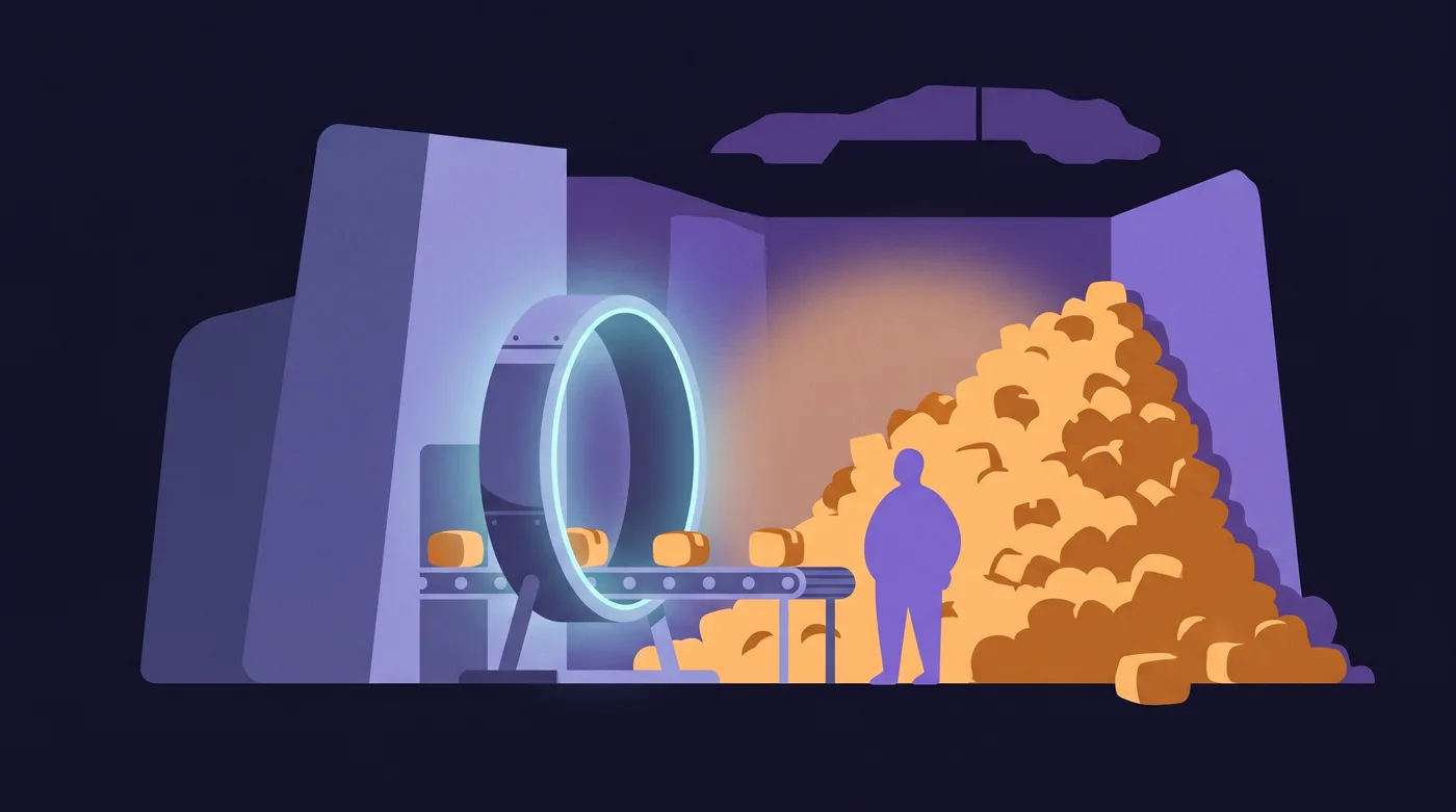 Small amber parcels slide one at a time through a roomy metal sizing hoop. Beyond it, the parcels have piled into a heap that fills the right side of the room from floor to ceiling.