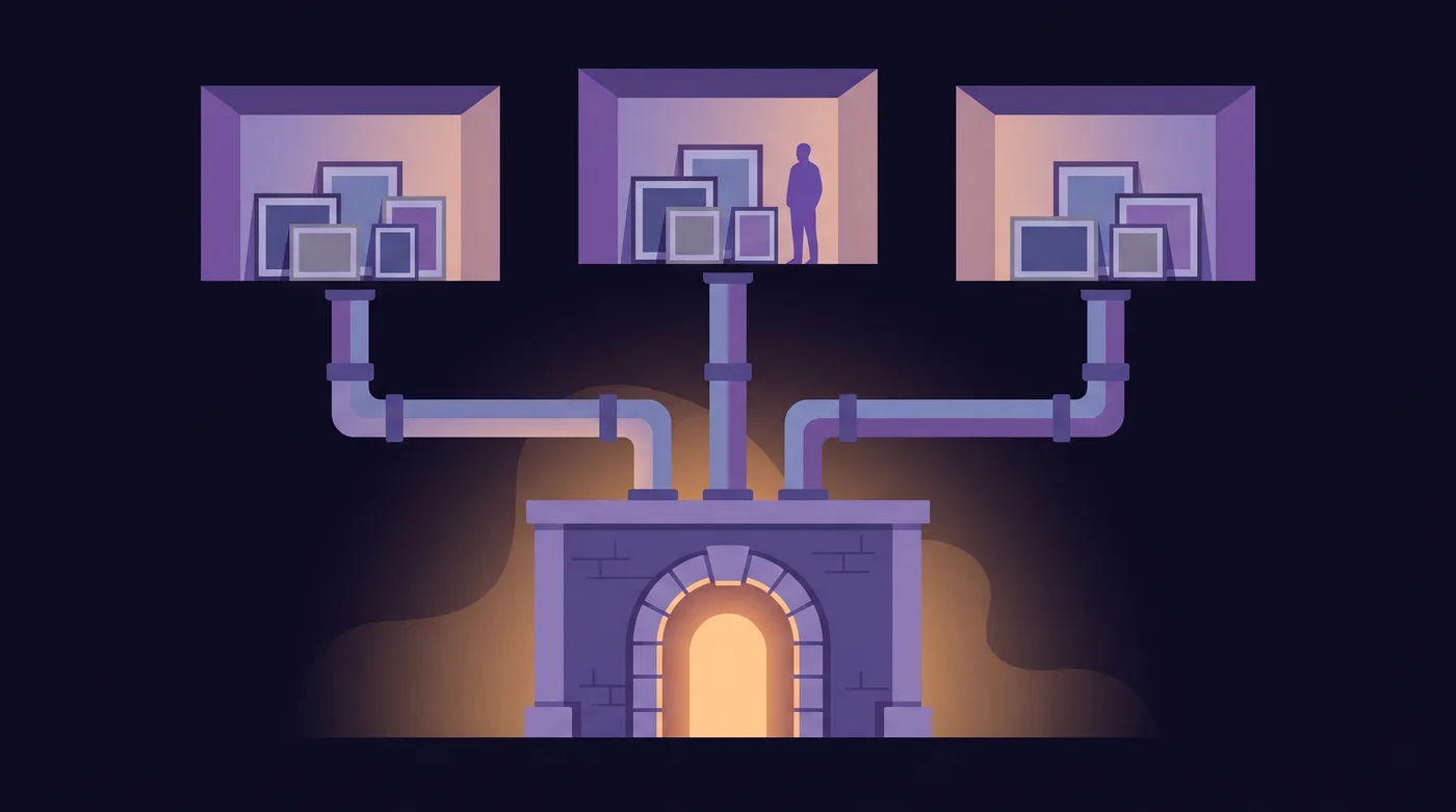 One large glowing vault sits at the bottom. Three pipes rise from it to three separate rooms above, and each room holds its own identical stack of framed pictures.