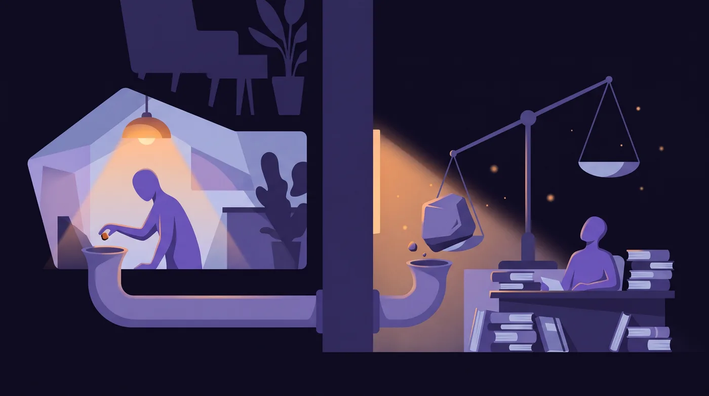 In a small lamplit room, a person drops a pebble into a long pipe. The pipe runs through a wall into a second room, where a large stone falls out onto a scale and tips it hard as another person looks up from a desk of closed account books.