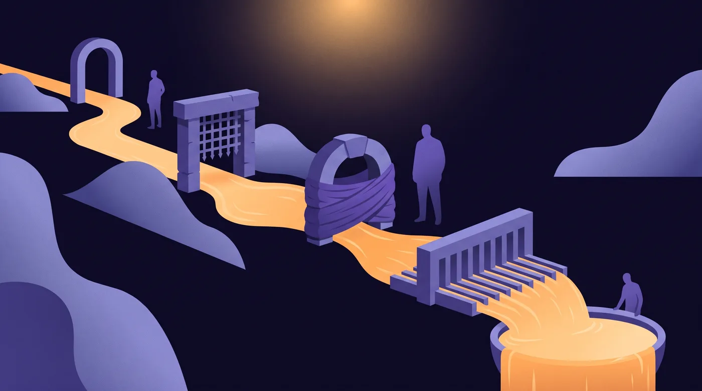 An amber river runs through four stone gateways in a row: a plain arch, a portcullis, a cloth-wrapped gate and a gate that splits the flow into many channels. The river widens after each one and fills a large basin at the end to the brim.