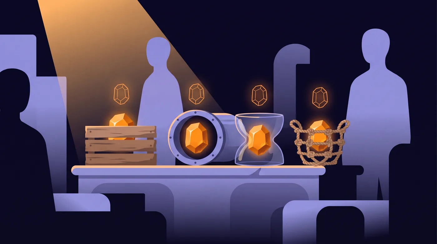 Four different containers stand in a row: a wooden crate, a pipe mouth, an hourglass-shaped bowl and a basket of knotted rope. The same heavy amber stone sits in each one, the same size every time.