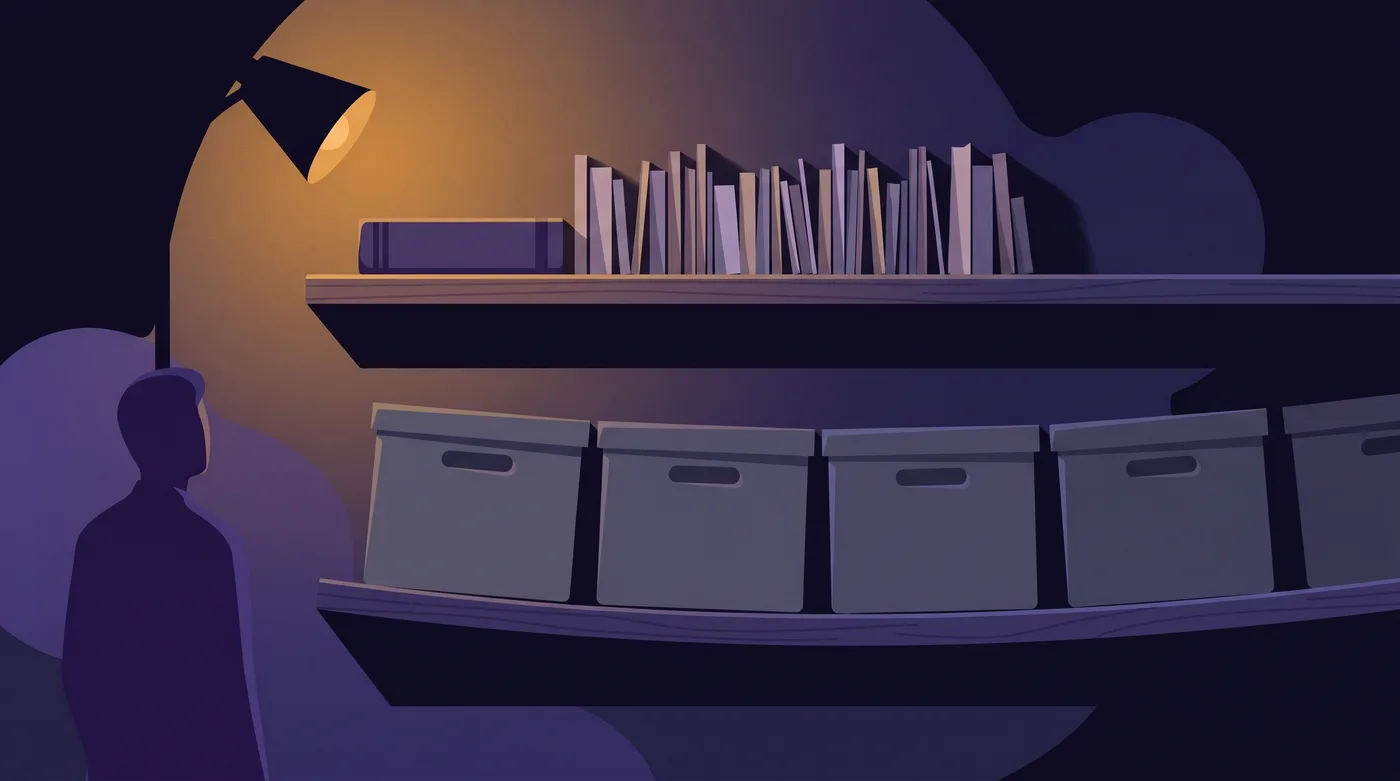 Two shelves. On the upper one, a single thick book is followed by a row of thin paper slips that take little space. On the lower one, a row of heavy grey crates, each full size, runs off the edge and bows the shelf.