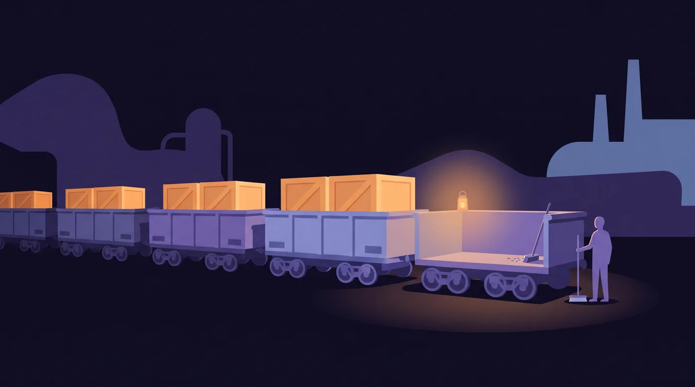 A long train of coupled wagons, each carrying the same heavy amber crate, stretches back off the left edge. Only the last wagon is empty, and a worker stands beside it holding a broom.
