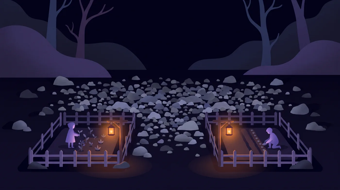 Two small tidy plots, each fenced and lit by a lantern at its gate. Behind and between them spreads a much larger dark field of heaped grey stones, with no fence and no light.