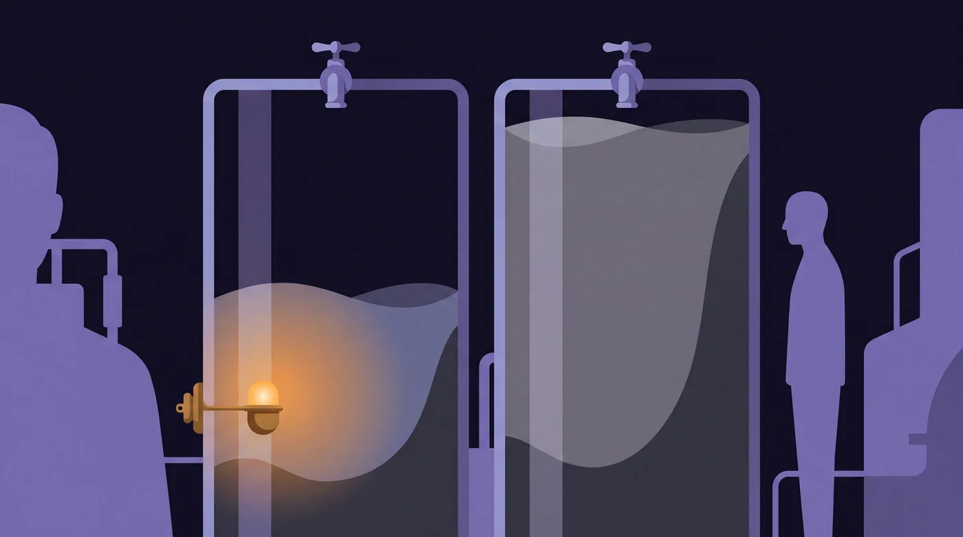 Two identical glass tanks filled by identical taps. The left one has a small float alarm mounted low, glowing where its bell rang as the water first rose past it. The grey tank on the right has no alarm, and its water has reached the brim.
