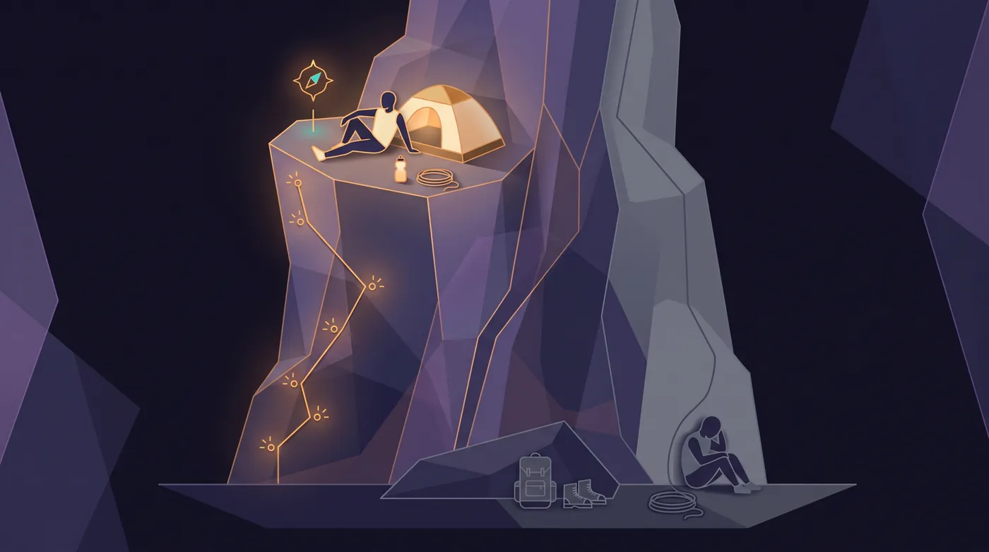 Two routes up a dark cliff. On the left, a line of glowing anchors leads high to a ledge where a climber rests by a small tent. On the right, the rock has no anchors, and a second climber sits at the bottom with a coiled rope.