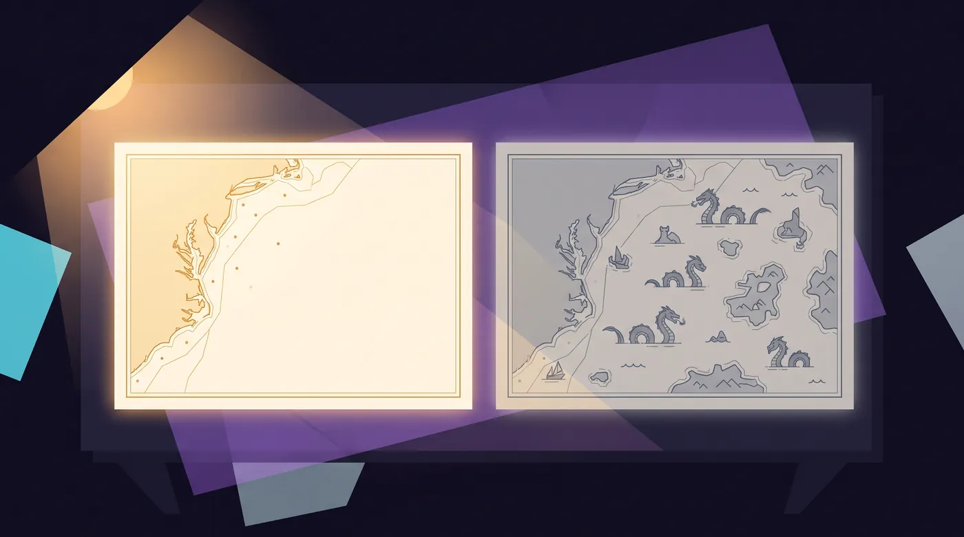 Two old sea charts on a table. The lit one on the left shows a careful coastline and leaves the unexplored water blank. The grey one on the right fills the same water with drawn sea serpents and invented islands.