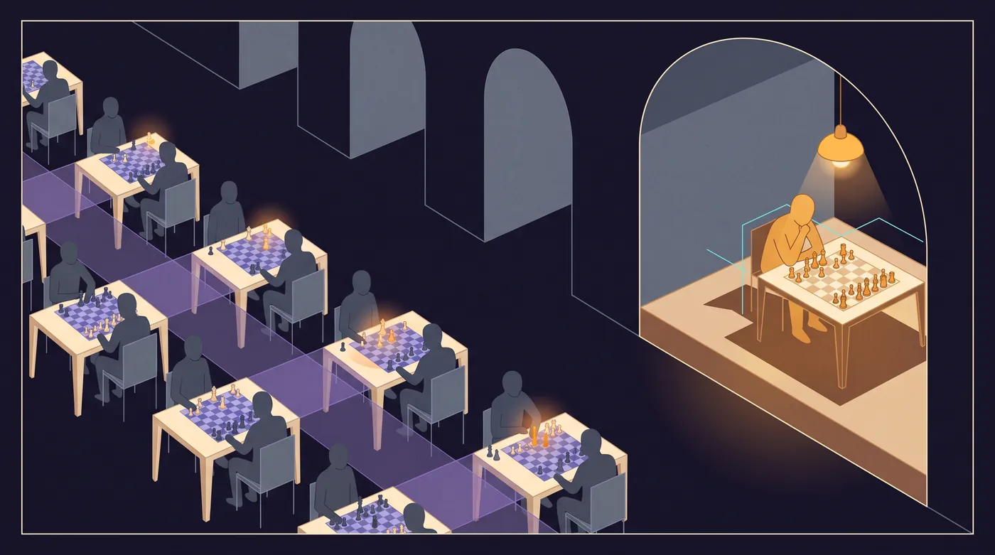 A long hall of small tables where many players move chess pieces quickly. At the far end, in a raised alcove under a warm lamp, one player sits alone, studying a single board.