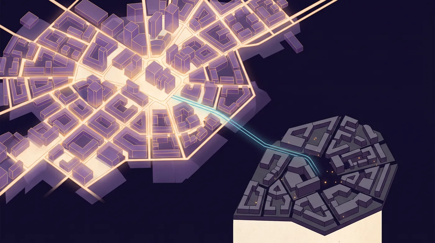 A city at night seen from far above. Most districts glow warm amber along their streets. One district in the lower right has gone dark and grey, with only a few faint lights, and a single road runs toward it from the bright center.