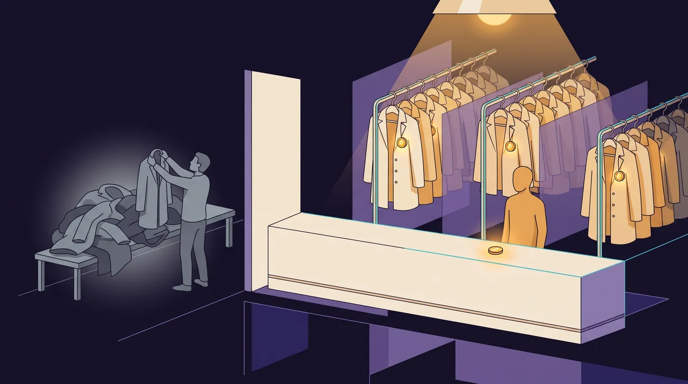 A coat-check room. On the right, rows of coats hang with brass tokens, and a matching token waits on the counter. On the left, coats lie heaped on a bench without tokens, and a person holds one up, looking for its owner.