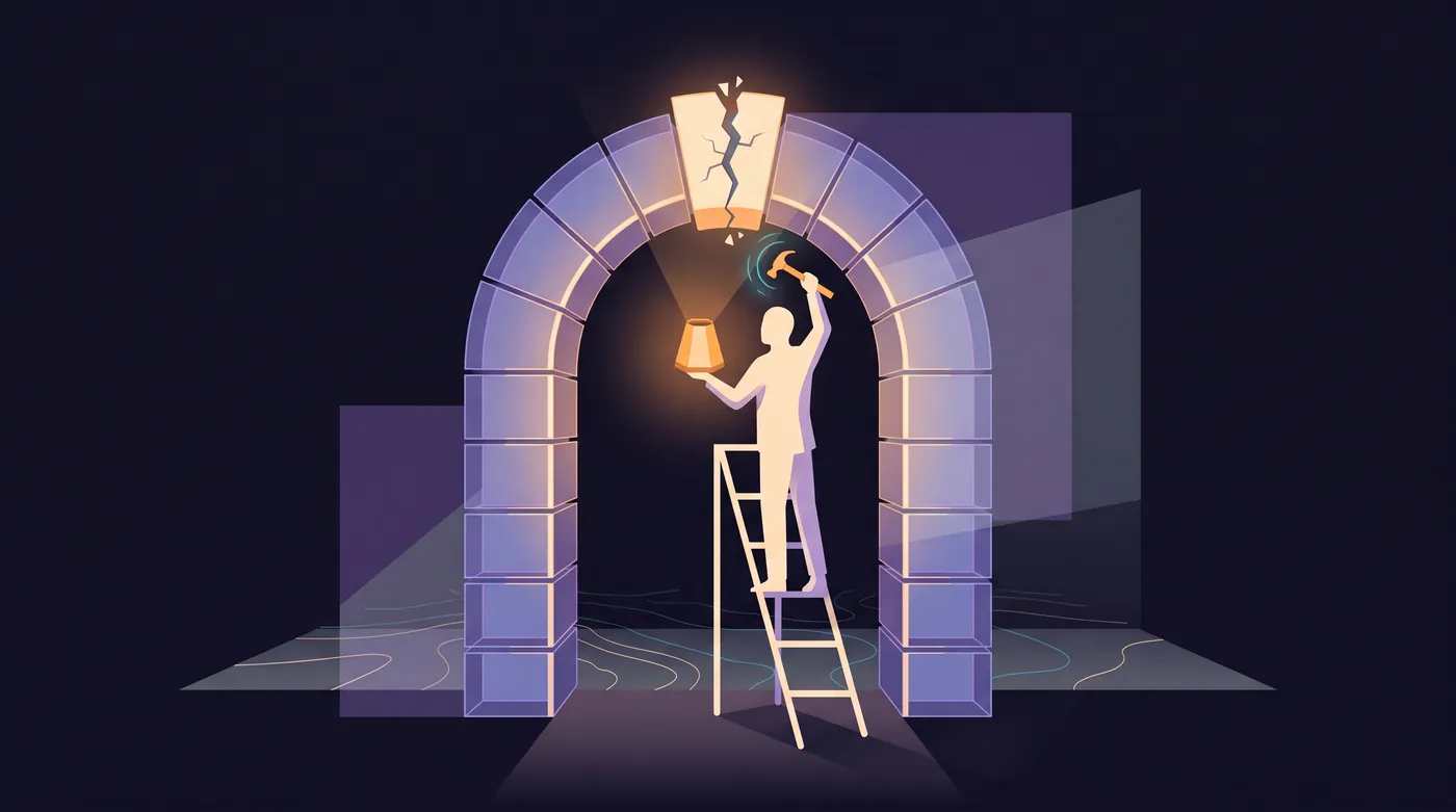 A tall arch of many cut stones. At its top, the keystone has a crack running through it. An inspector on a ladder holds a lamp to that one stone and taps it with a small hammer.