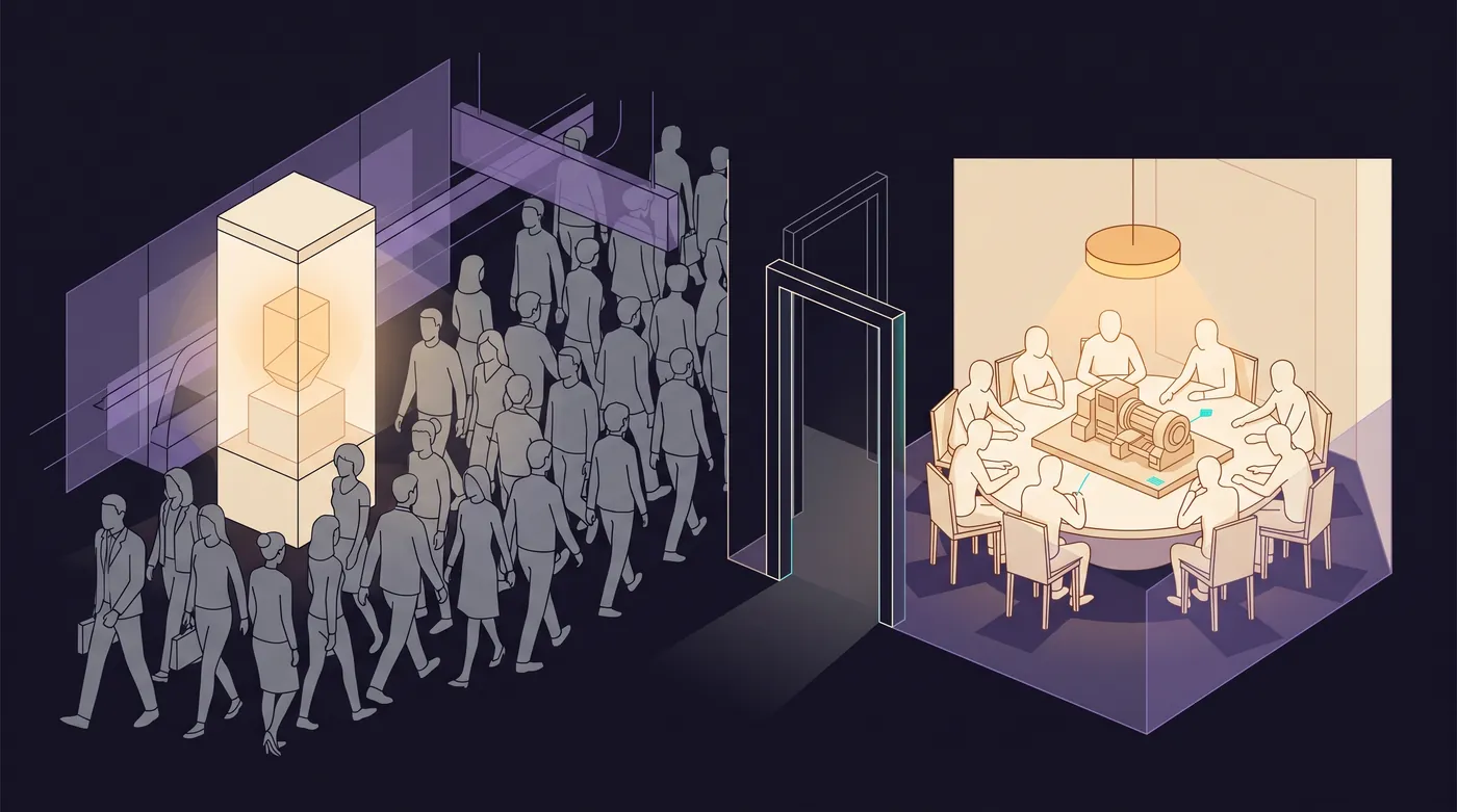 A crowd streams through a station past a lit display case, and nobody turns to look. Through a doorway on the right, ten people sit leaning in around a table, studying a scale model of a machine under a warm lamp.