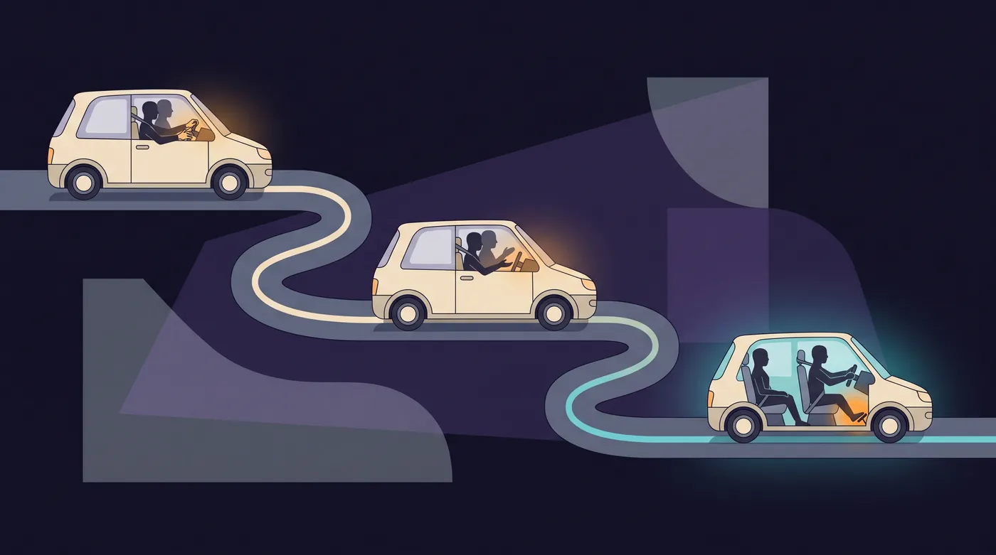 The same dual-control car appears three times along a winding road. First the instructor grips the wheel, then hovers near it, then sits back with hands at rest and one foot still over a glowing second brake pedal.