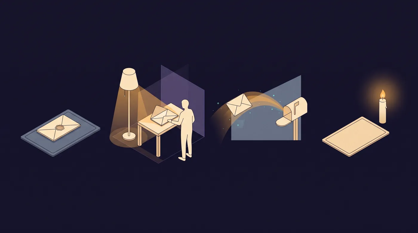 A row of four moments: a sealed envelope on a doormat, the envelope opened on a desk, a reply envelope flying back toward a mailbox, and an empty doormat beside a tall lit candle.