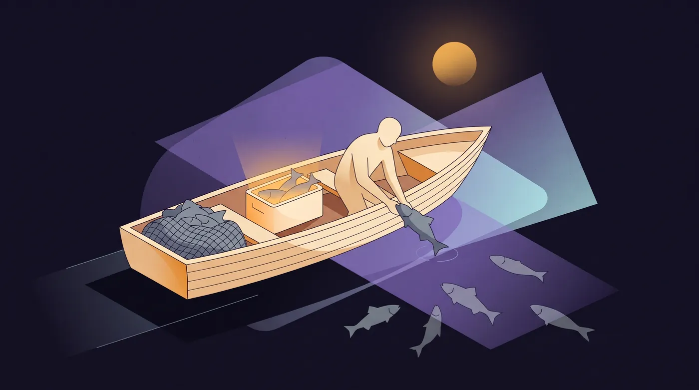 A fisher in a small boat releases a fish back into dark water, where others already swim away. A small cooler beside them holds three large glowing fish, and a net in the bow still holds the rest of the catch.