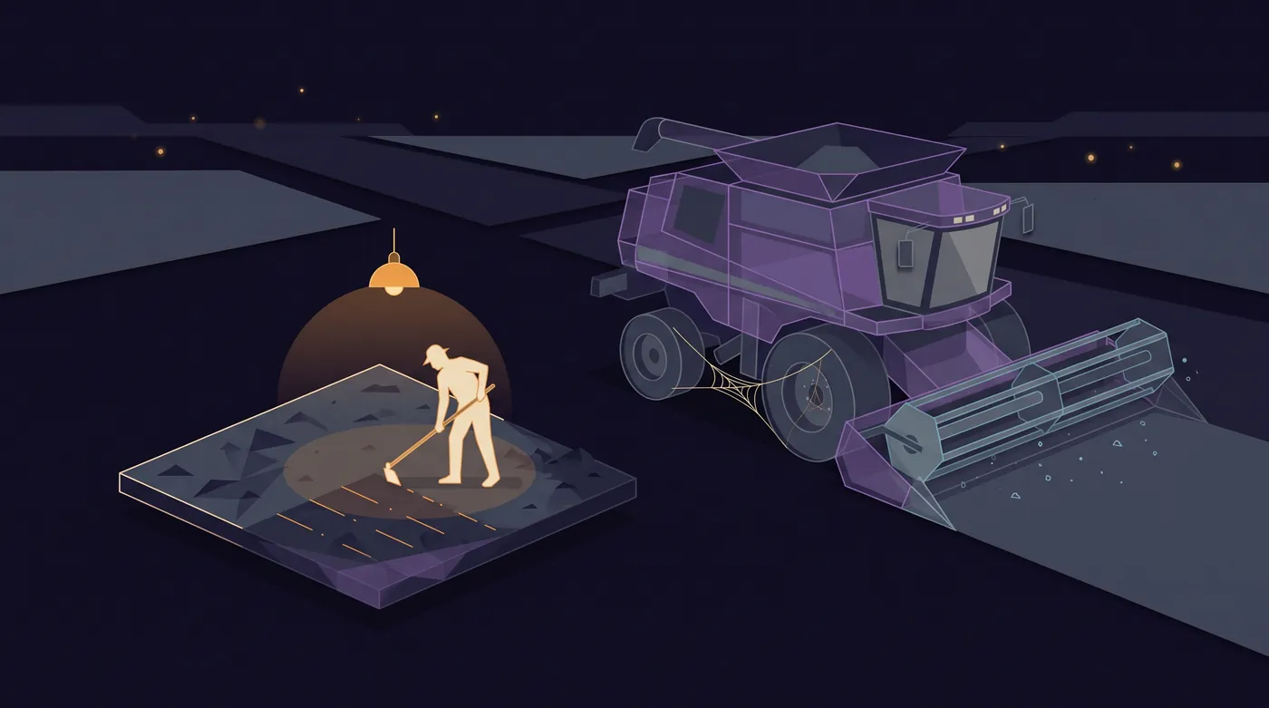 A person hoes a small, half-cleared plot by lamplight. Parked beside it, an enormous combine harvester sits cold and dusty, a cobweb across one wheel, many times larger than the plot it has nothing to harvest from.