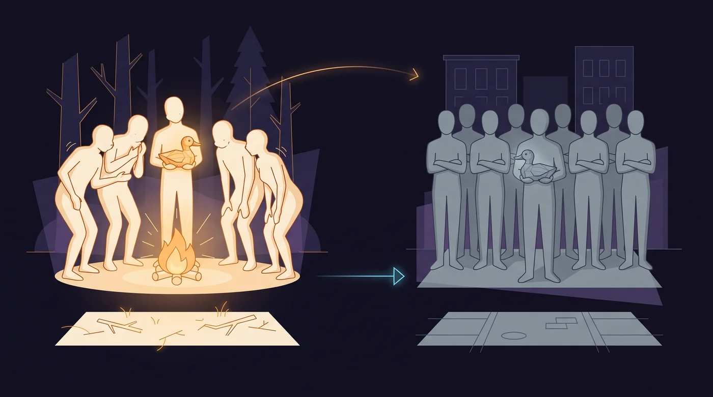 Around a campfire on the left, one person holds up a small carved duck and friends double over laughing. On the right, the same duck is held up before a crowd of strangers who stand still with arms folded.