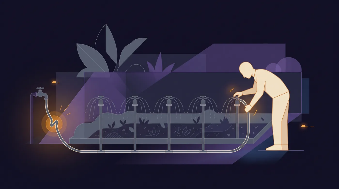 A row of sprinklers along a garden bed all throw weak, drooping sprays. They share one hose that runs back to a tap, where it is pinched in a tight kink. A person bends over the nearest sprinkler, adjusting its head.