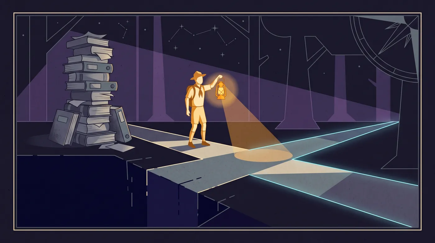 A scout holds a lantern at a fork in a dark path. The beam shows the left branch ending at a sheer drop, and the scout turns toward the open right branch. Behind, a tall grey tower of closed books and papers leans in the dark.