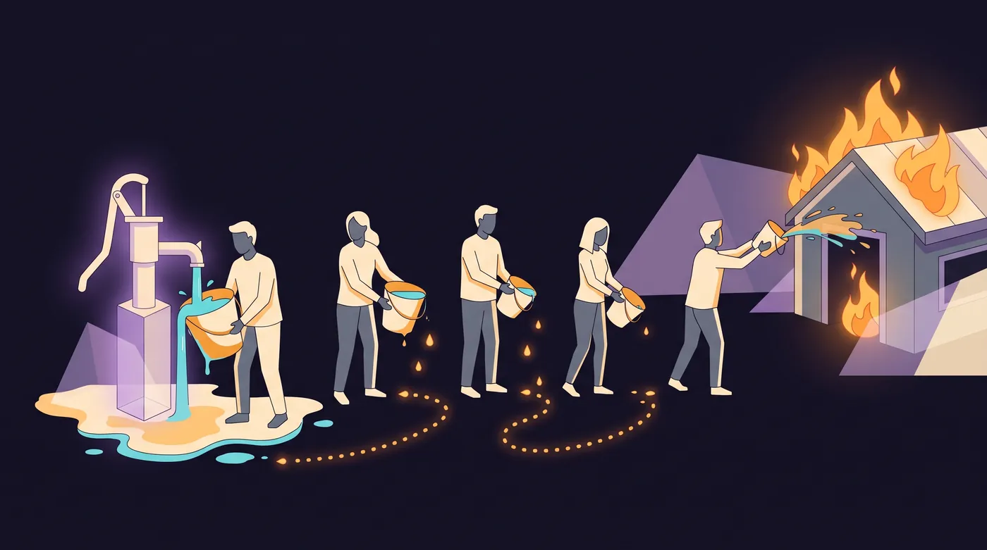 Five people pass buckets in a line from a pump toward a burning shed. Every bucket leaks along the way, leaving droplets on the ground, and the last person throws only a thin splash at flames that keep burning.