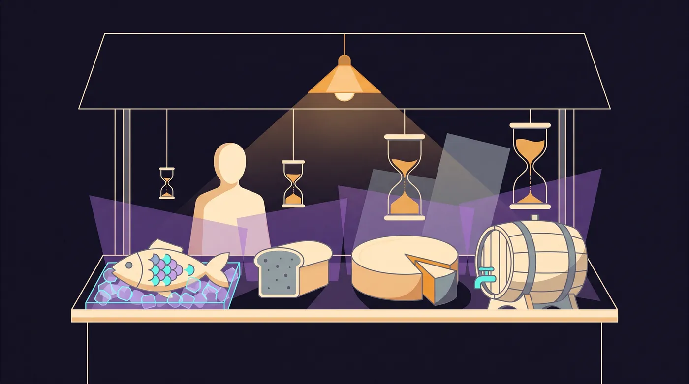 A market stall under one lamp holds a fish on ice, a loaf of bread, a wheel of cheese and a wine cask. Above each hangs a sand timer: tiny and nearly empty over the fish, larger over each item to the right, tallest over the cask.