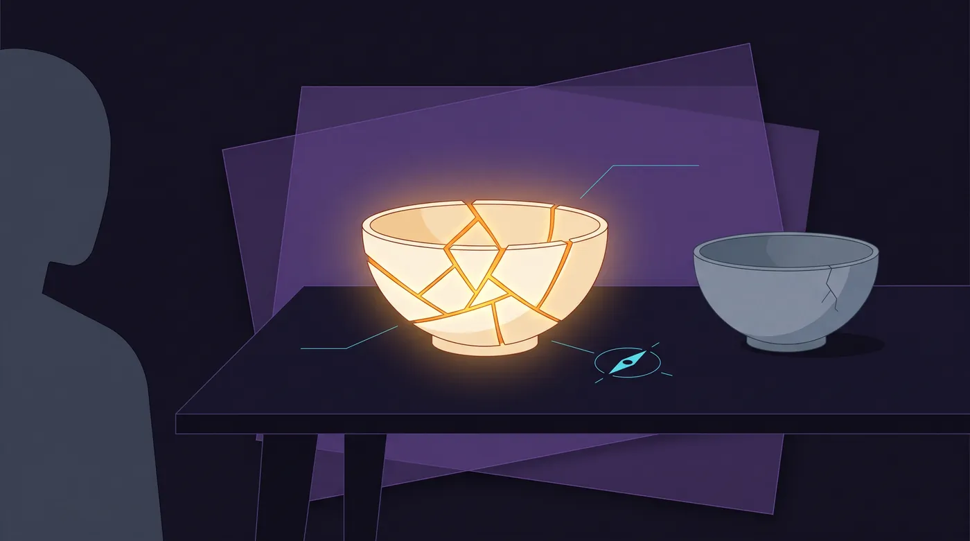 A ceramic bowl mended along every crack with bright glowing seams sits on a dark table. Beside it, a smaller grey bowl has its crack painted over, with a faint hairline still showing through.