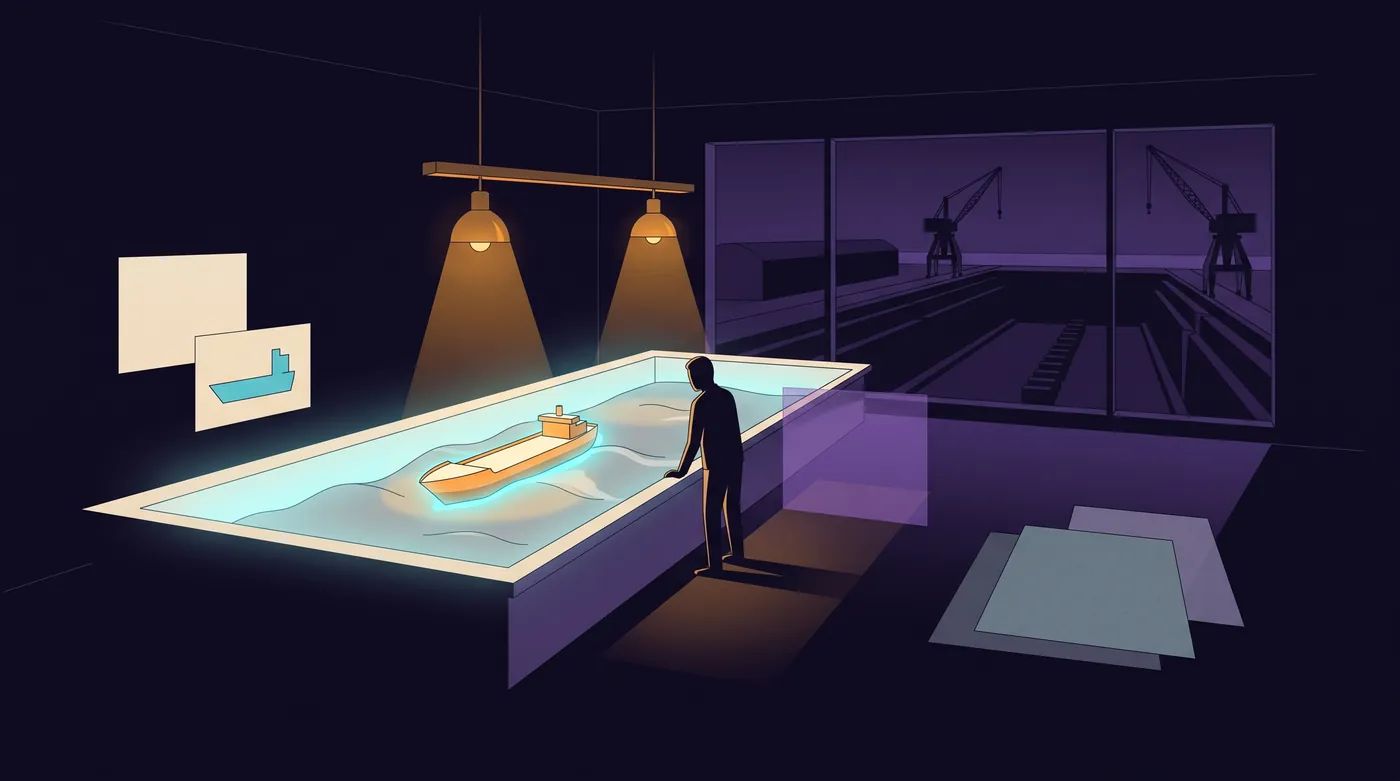 A small model ship rides gentle waves in a long indoor test tank while an engineer watches from the edge. Through a window behind, a huge empty drydock waits in the dark, its cranes idle.