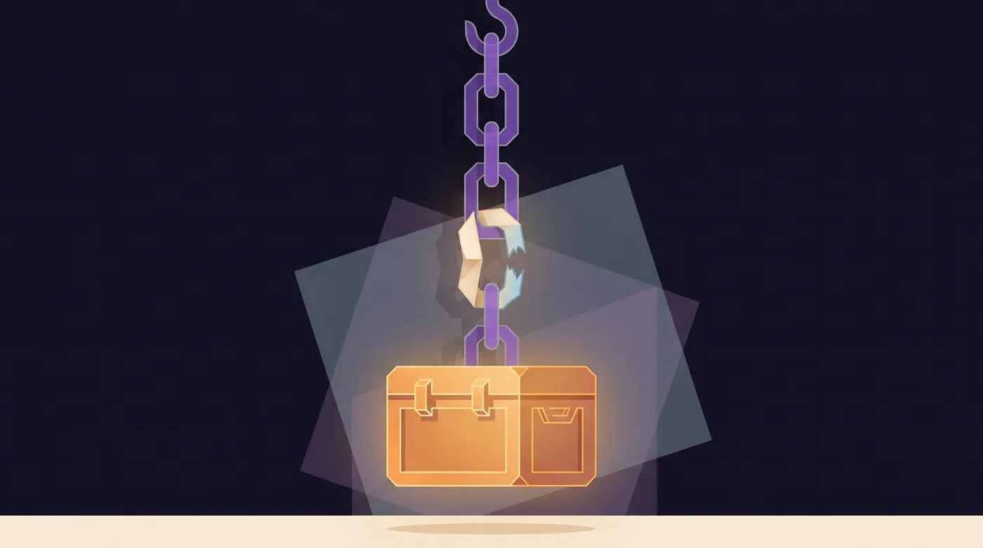 A heavy chain hangs from a hook and holds a large crate just off the ground. Every link is iron except one in the middle, a painted paper copy that has started to tear.