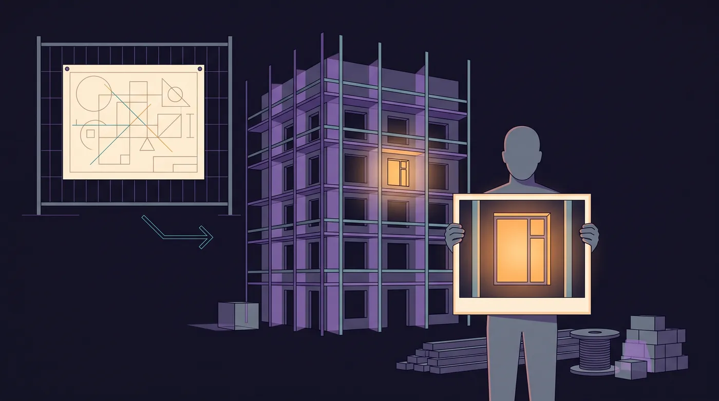 A building site at night. A blueprint hangs on a fence, and a tall scaffolded shell stands dark except for one glowing window. In front, a person holds up a framed photo of that one lit window as if the building were done.