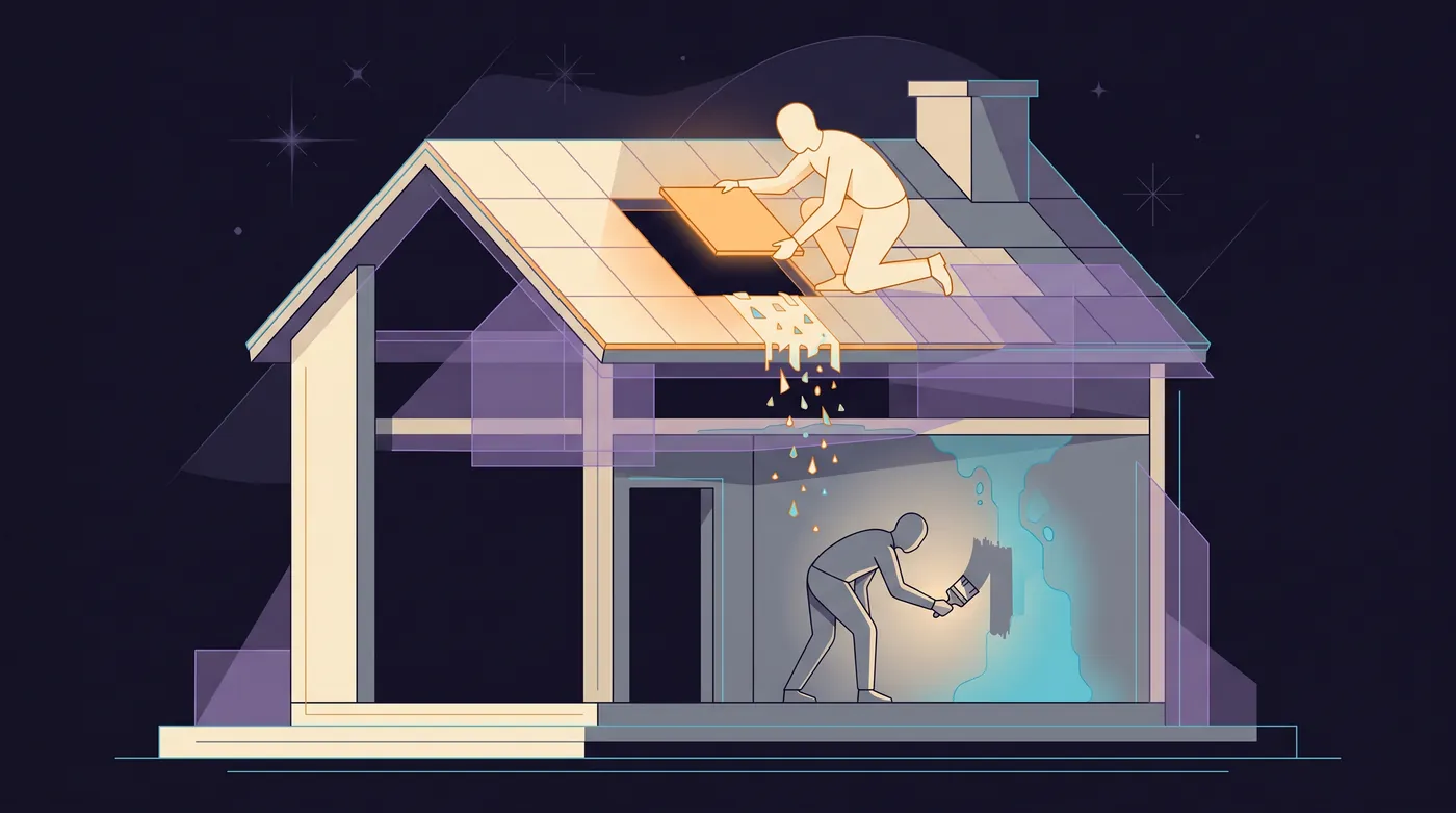 A cutaway of a small house. On the roof, one person patches a hole where water drips in. Inside below, another person repaints a hallway wall while a new water stain spreads down beside the brush.