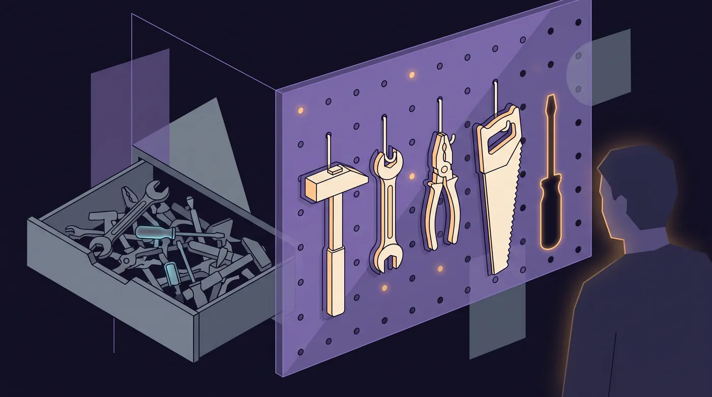 A pegboard wall where a hammer, wrench, pliers and saw each hang over a painted outline. One screwdriver outline is empty and stands out. To the left, a grey drawer is heaped with tangled tools in no order.