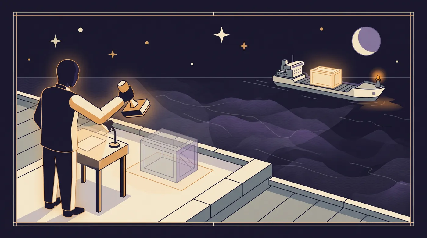 On a dock at night, an inspector raises a stamp over an empty spot where a crate sat. Far out on the water, a cargo ship that has already left carries the crate on its deck.