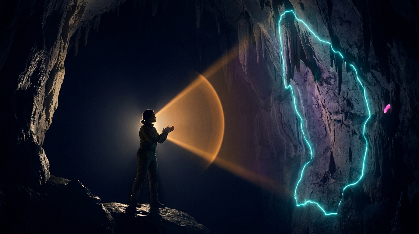 A single active-sensing pulse reveals one part of a dark cave.
