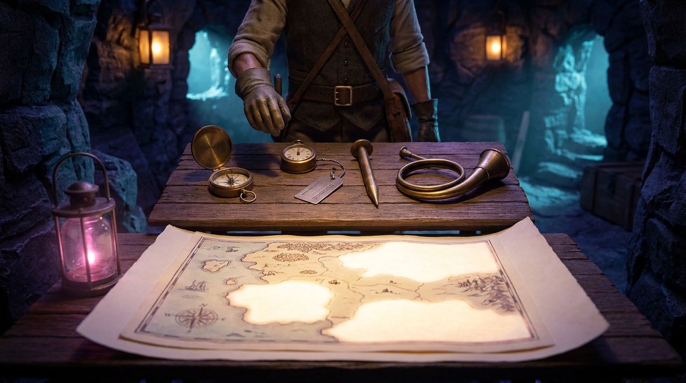 The cartographer chooses an instrument before drawing a map.