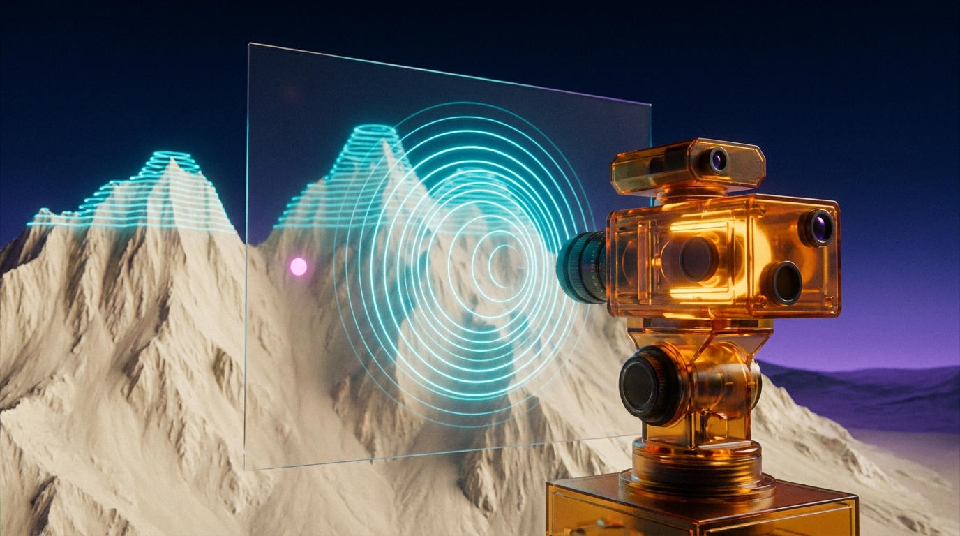 A measurement lens constructs a view over the underlying terrain.