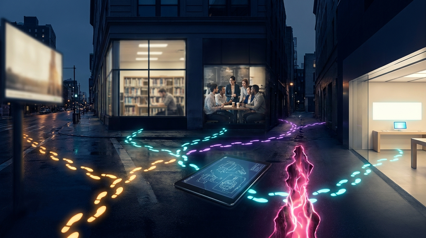Real customer journeys branch across time, people, and devices.