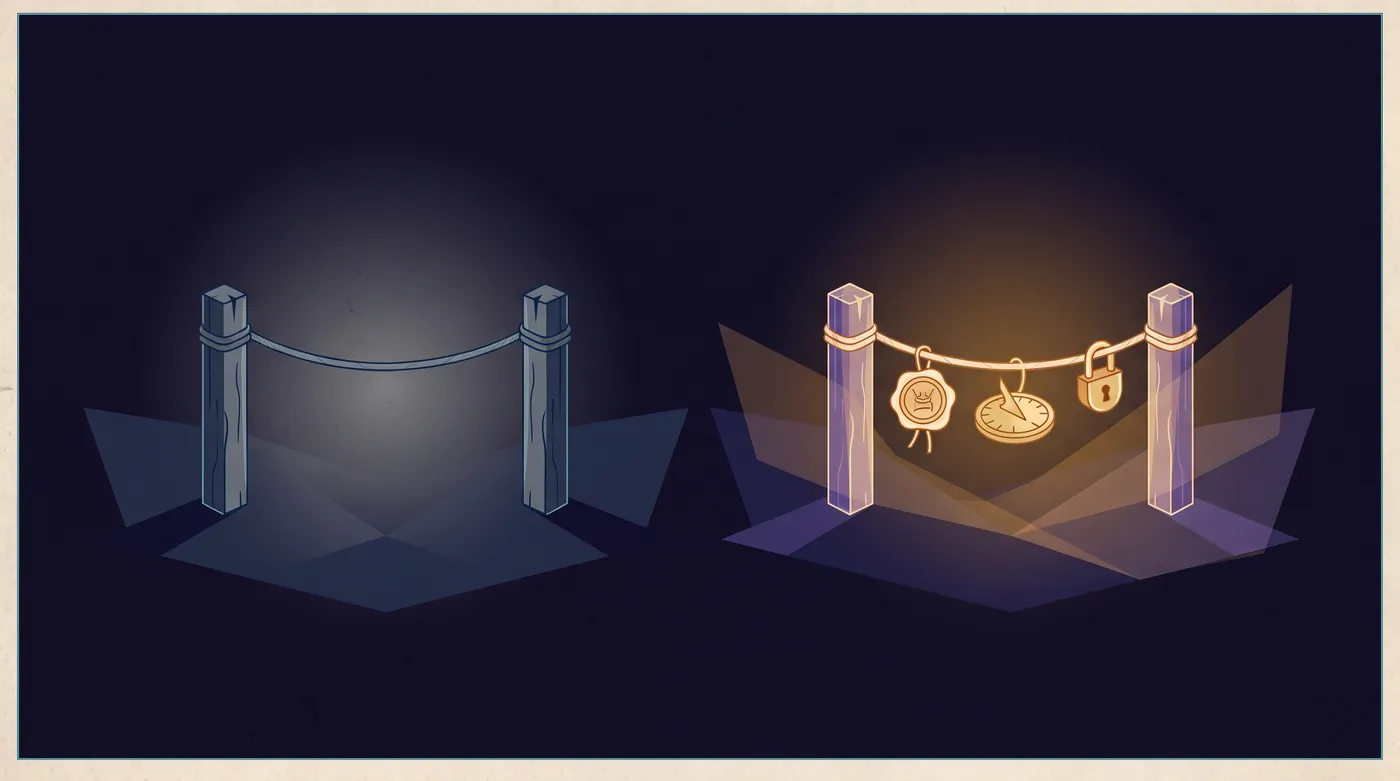 Two pairs of wooden posts, each joined by a rope. The grey rope on the left is bare. The rope on the right carries a wax seal, a small brass sundial and a padlock clipped along its length, lit by warm light.