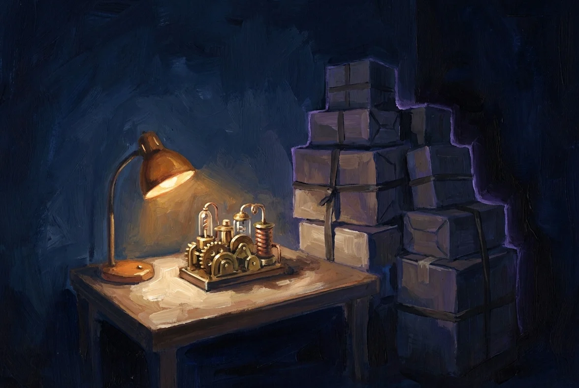 A gouache-dark scene: a compact machine of brass and glass running on a desk in a deep navy room, one amber lamp on it, while a stack of unopened boxed appliances towers in the shadow behind it, unplugged.
