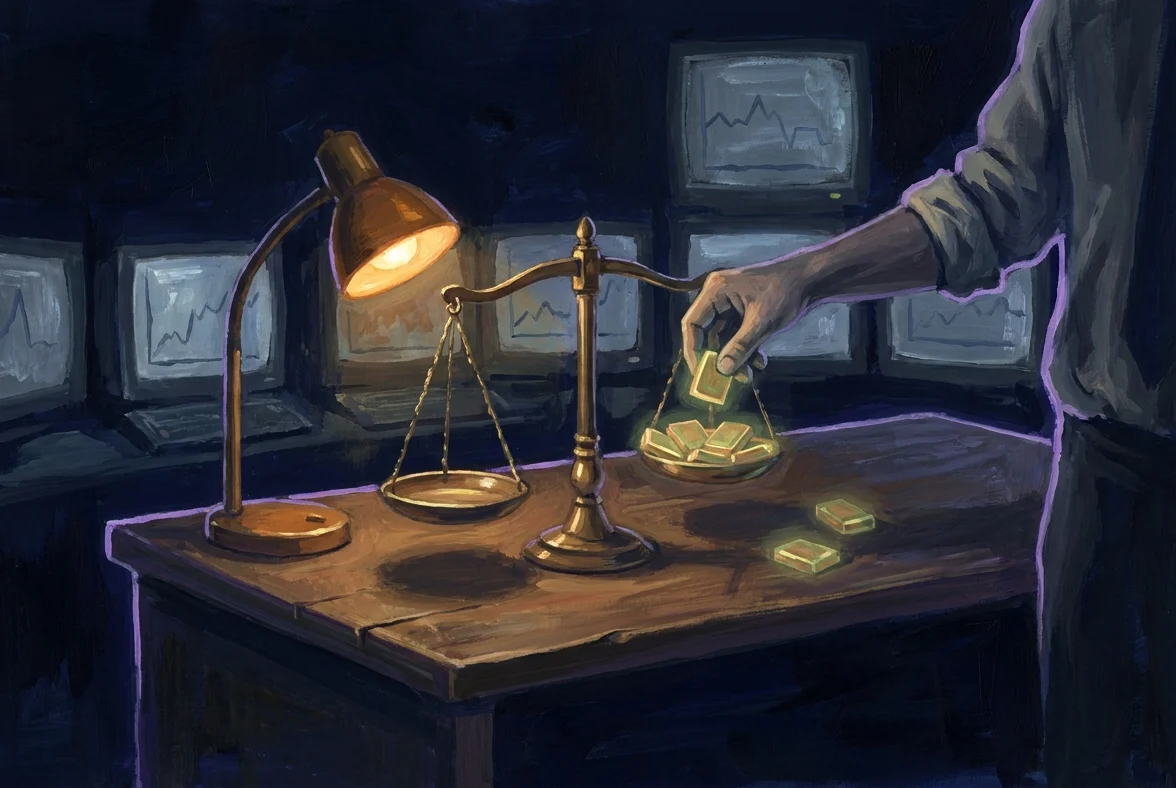 A gouache-dark trading desk at night: a brass rebalancing scale sits on the desk weighing small glowing position tiles, some being lifted off the heavy side, while dim monitors in the background show flat curves nobody is watching. One amber lamp over the scale.