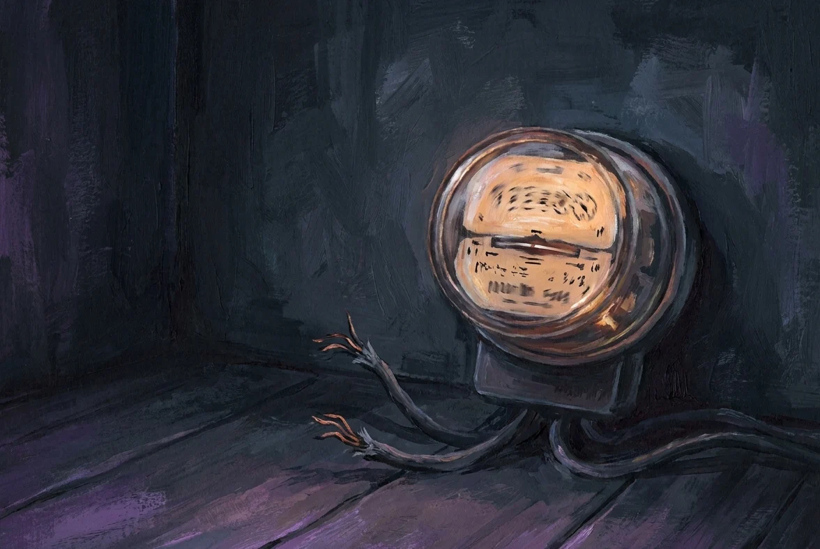 A gouache-dark room, empty, with a single antique electricity meter on the wall glowing amber, its dial spinning, cables running to nothing. Deep navy shadow everywhere else.