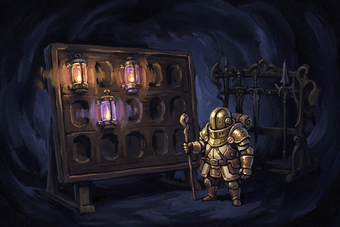 A gouache character sheet on dark navy: a lone adventurer figure rendered in brass and cream, with stat bars where three stats are pushed to full and glowing, and a dozen other stats near zero, deliberately dark. An unused ornate weapon rack stands behind.