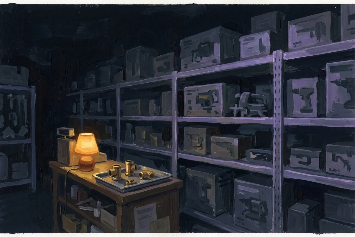 A gouache-dark hardware store aisle at night, shelves towering with boxed machinery into the shadows, while at the counter a small tray holds three simple brass fittings under one amber lamp.